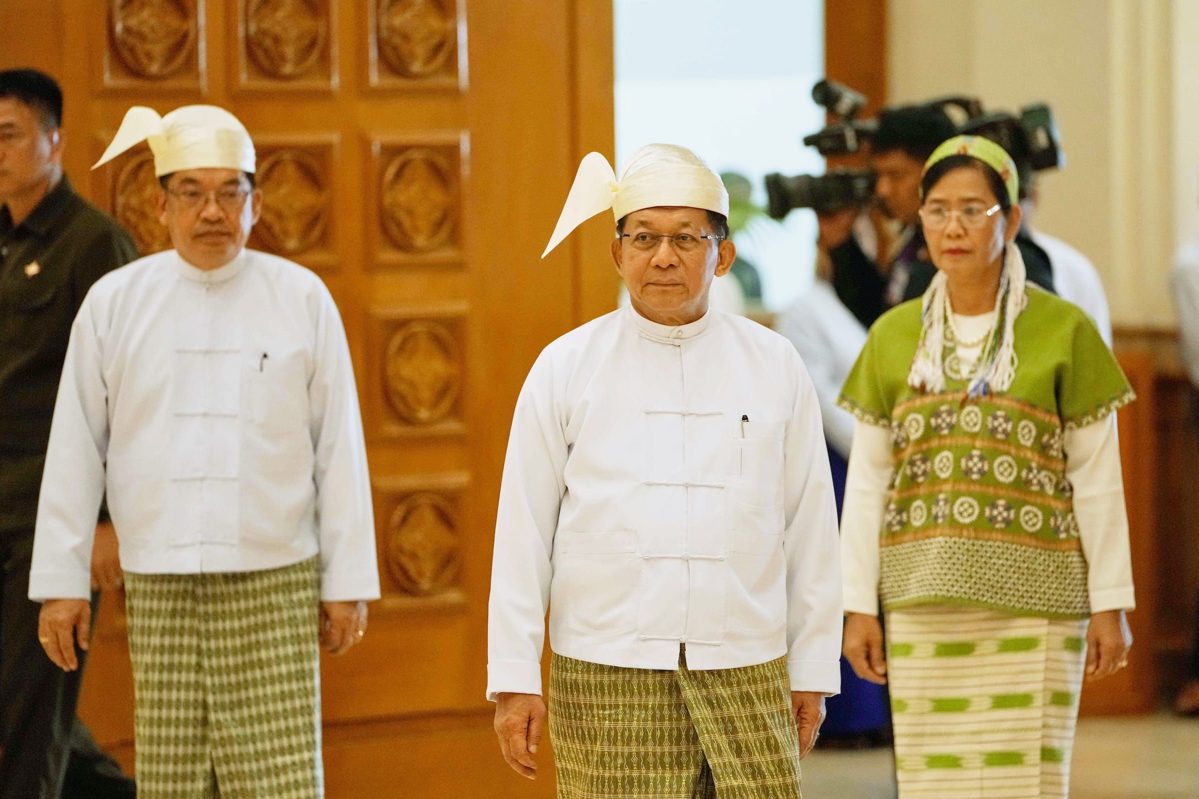 Min Aung Hlaing arrives to be sworn in as president at the parliament in Naypyidaw, 10 April 2026. (AP Photo/Aung Shine Oo)